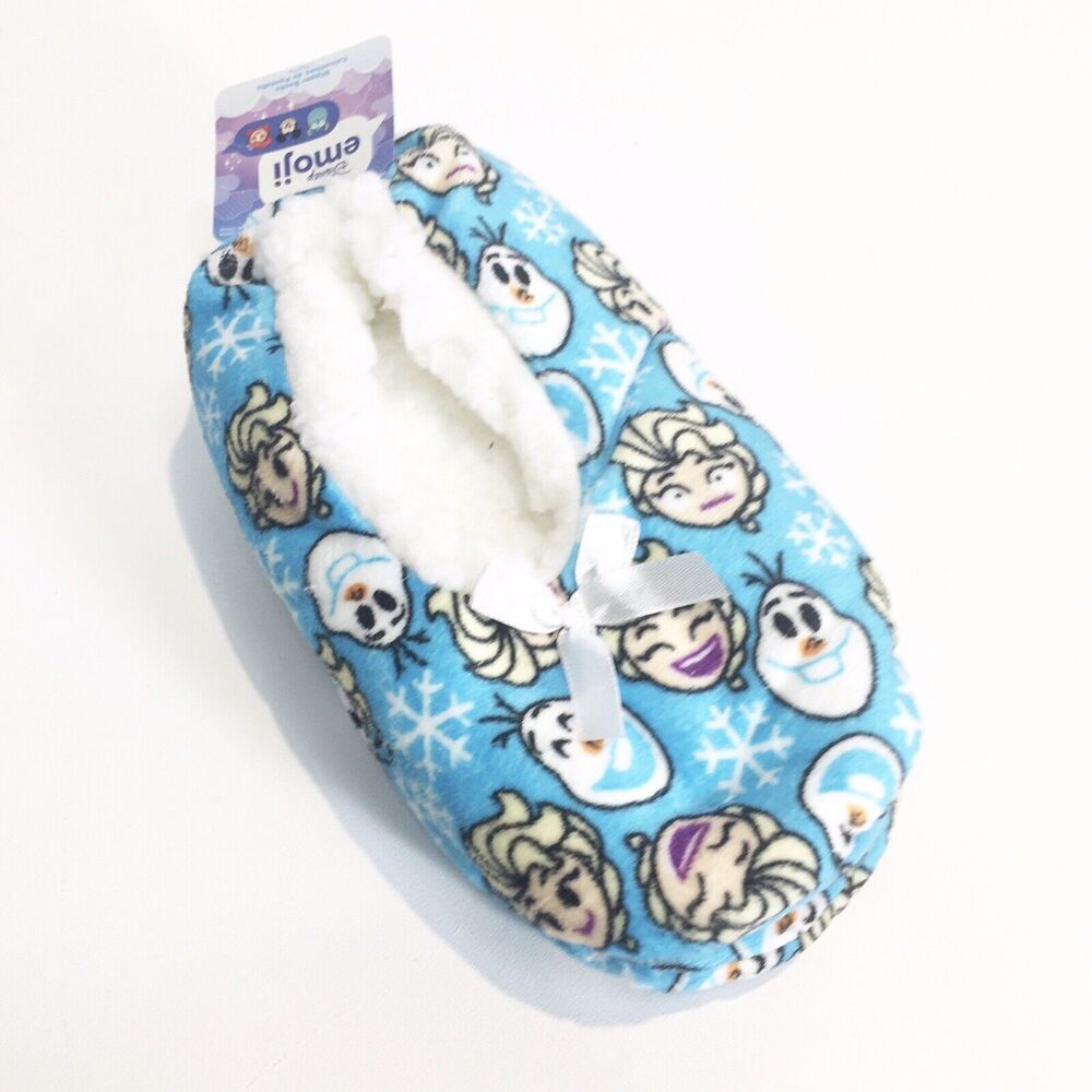 Frozen Disney Emoji Slippers‎ Socks Blue Elsa Olaf Fleece Sz Youth M/L 13-4